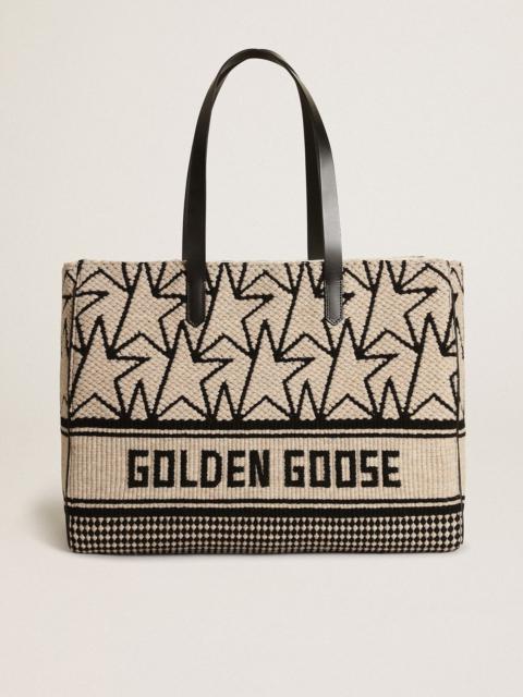 Golden Goose East-West California Bag in milk-white jacquard wool with contrasting black monograms and Golden Goo