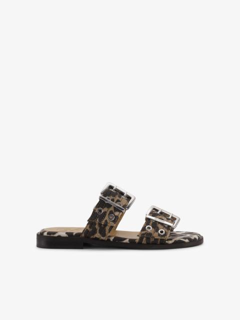GANNI LEOPARD DENIM FEMININE BUCKLE TWO-STRAP SANDALS