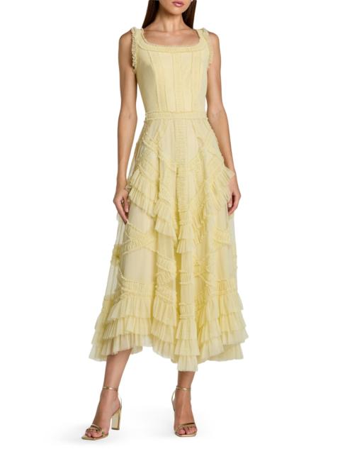 MAC DUGGAL Women's Mesh Ruffled Scoopneck Midi-Dress - Buttercup