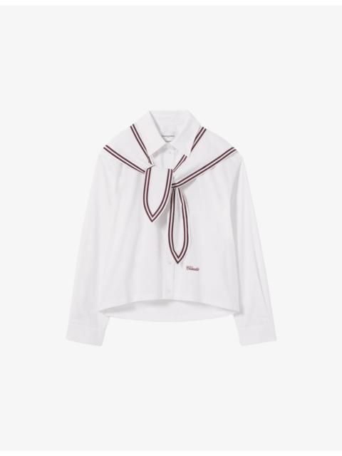 Claudie Pierlot Scarf-Detail Brand-Embroidered Cotton-Poplin Shirt