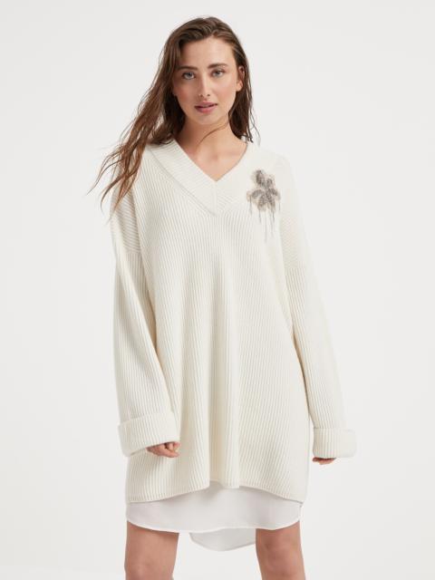 Cashmere English rib knit dress with silk slip and precious flower crest
