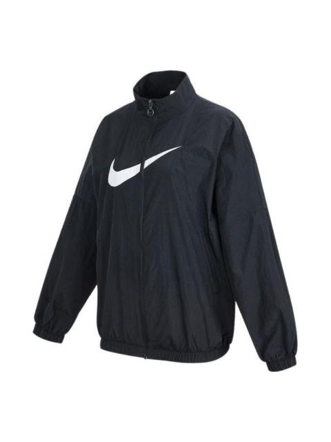 Nike (WMNS) Nike Sportswear Essential Logo Pattern Wrinkled Woven Loose Stand Collar Jacket Black DM6182-