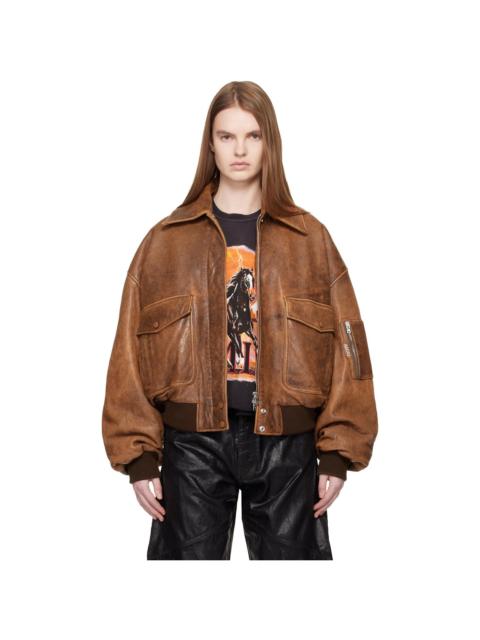 AMIRI Tan Faded Leather Bomber Jacket