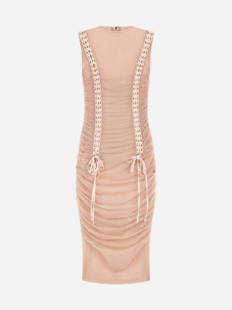 Tulle midi dress with draping and lacing