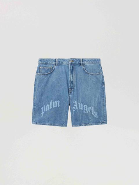 Palm Angels Splitted Curved Logo Loose Denim Shorts