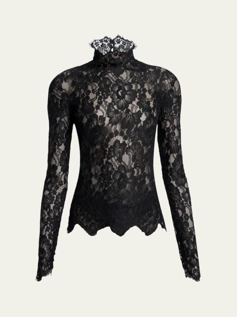 SAINT LAURENT Turtleneck Sheer Lace Long-Sleeve Top