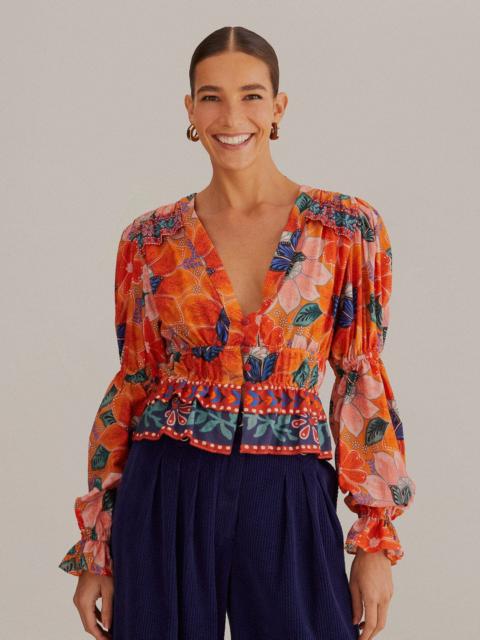 FARM RIO Orange Marias Floral Long Sleeve Blouse