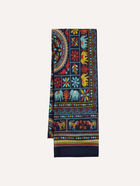 Drake's Navy Elephants and Flowers Print Wool-Silk Scarf