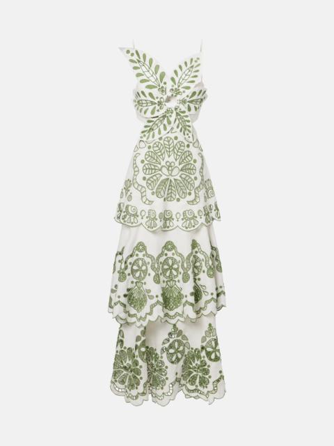 FARM RIO Broderie anglaise tiered linen maxi dress