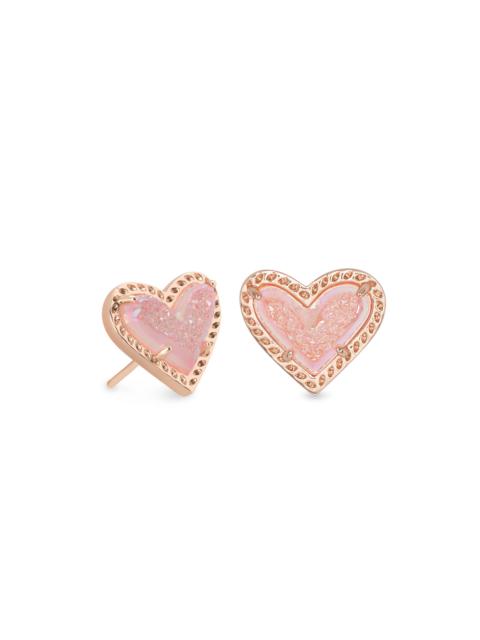 KENDRA SCOTT Ari Heart Rose Gold Stud Earrings in Light Pink Drusy