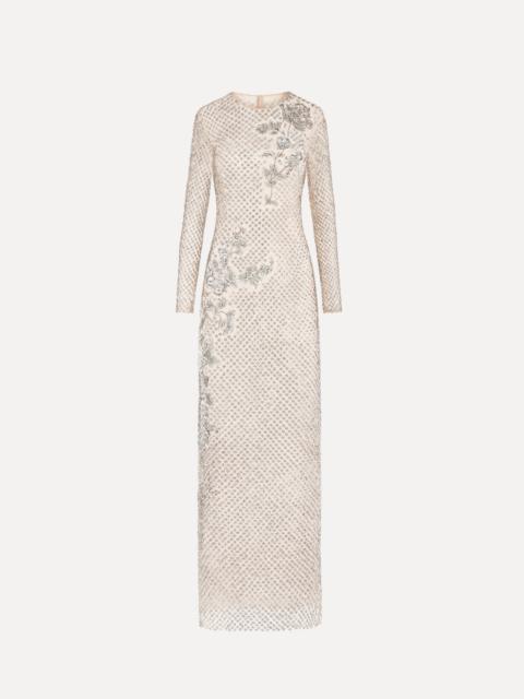 Oscar de la Renta CRYSTAL GRID FLORAL EMBROIDERED LONG SLEEVE GOWN