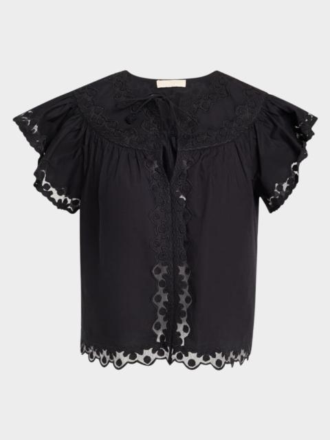 Effie Embroidered Flutter-Sleeve Top