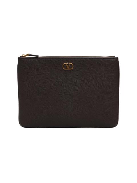 Valentino Brown VLogo Signature Grainy Calfskin Pouch