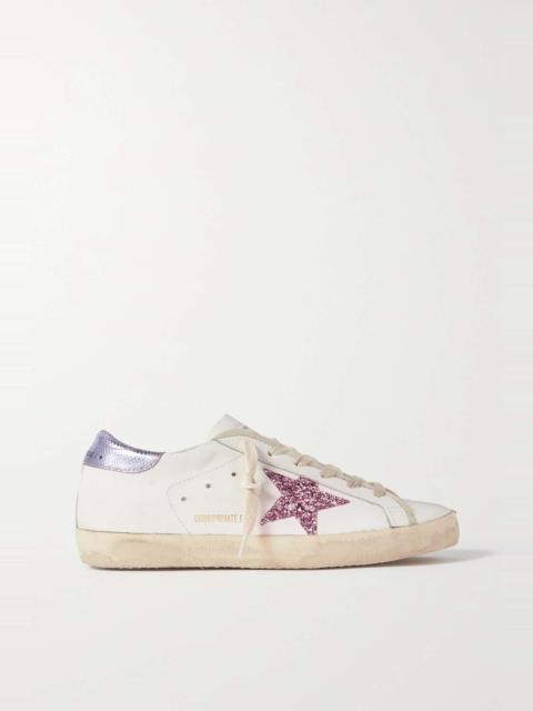 Golden Goose Superstar glittered distressed snake-effect trimmed leather sneakers
