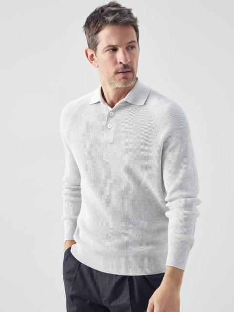 Cotton English rib polo-style sweater with raglan sleeves