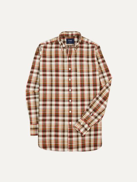 Drake's Brown and Red Madras Check Cotton Button-Down Shirt