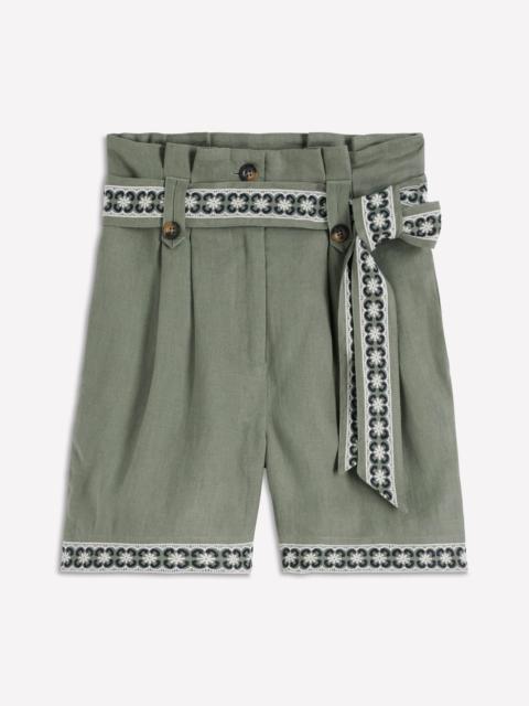 BODEN Paperbag Linen Belted Shorts-Agave Green Embroidery