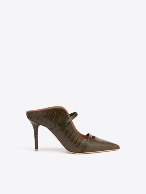 MALONE SOULIERS Maureen 85 Dark Green Croc-Embossed Leather Mules