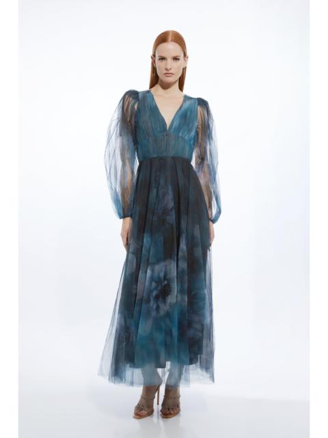 KAREN MILLEN Blurred Floral Tulle Plunge Maxi Dress