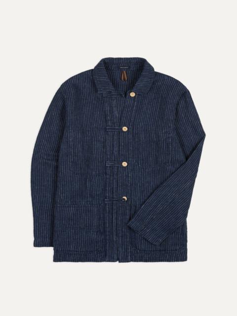 Drake's Indigo Stripe Linen Loop Button Chore Jacket
