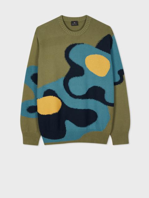 Khaki 'Bold Florals' Stitch Crew Neck Knitted Sweater