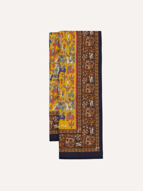 Drake's Yellow Elephant Village Print Wool-Silk Scarf