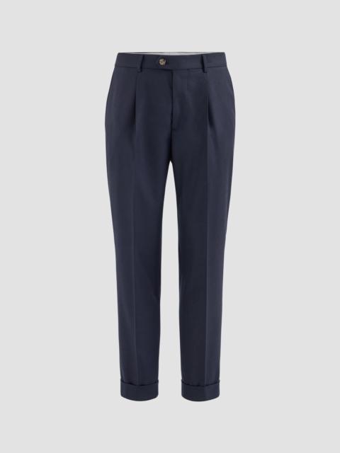 Brunello Cucinelli Men's Virgin Wool Flannel Trousers with Pleats - Navy Blue