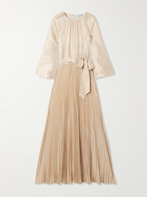 SIMKHAI Varenya Belted Pleated Metallic Lamé Maxi Dress