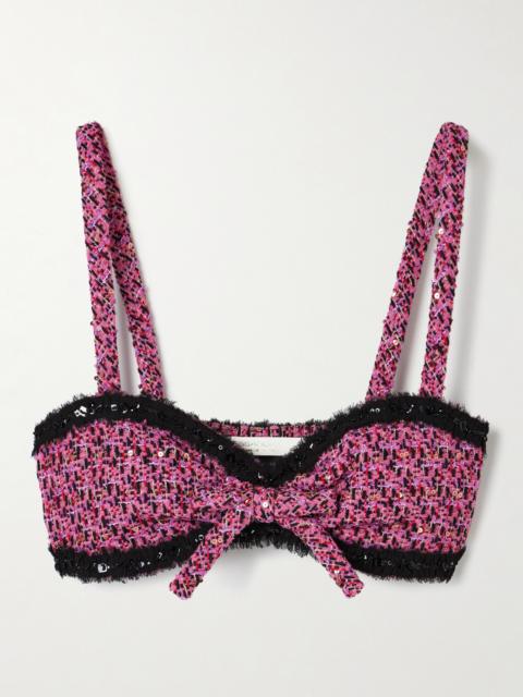 Alessandra Rich Embellished Frayed Chiffon-trimmed Metallic Tweed Bralette