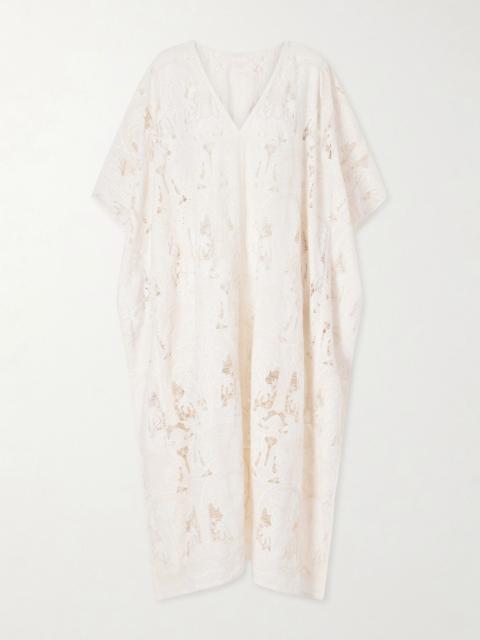 LORETTA CAPONI Atrani embroidered cotton-blend midi dress Cream