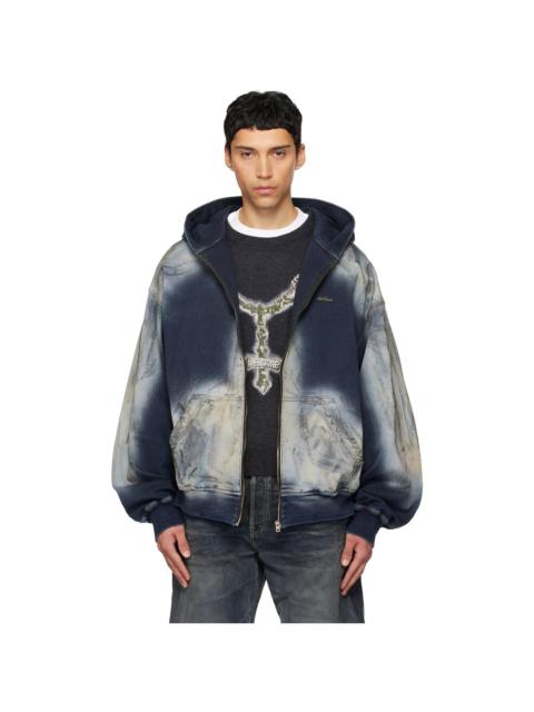 We11done Blue Zip-Up Dirty Denim Jacket