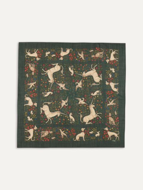 Drake's Green Unicorn Print Wool-Silk Square Scarf