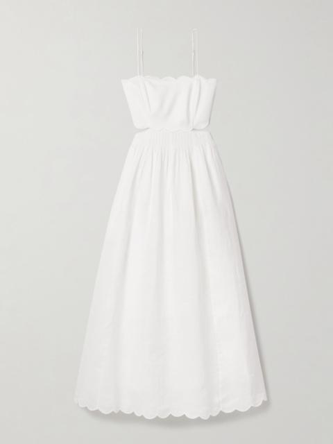 Zimmermann Rhiannon cutout pleated scalloped linen-voile midi dress Ivory
