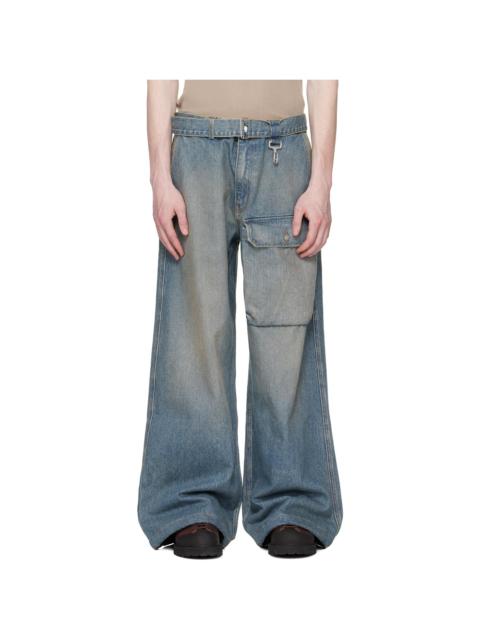 REESE COOPER® Blue Washed Denim Patch Pocket Belted Cargo Jeans