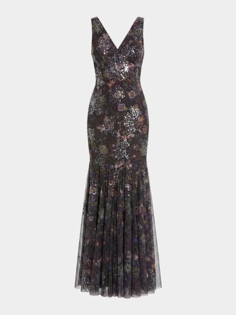 MAC DUGGAL Sequin Floral-Print Mesh Mermaid Gown