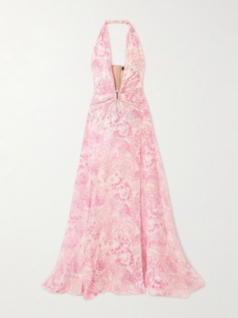 VERSACE Embellished metallic printed silk-blend chiffon gown Pink