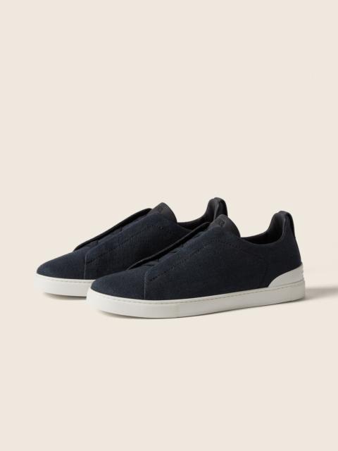 ZEGNA NAVY BLUE COTTON LINEN AND LEATHER TRIPLE STITCH™ SNEAKERS
