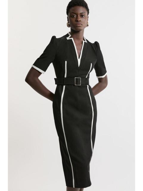 KAREN MILLEN Compact Stretch Contrast Tipped Forever Belted Tailored Midi Dress
