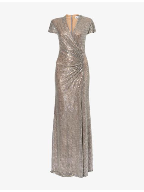self-portrait Rhinestone-Embellished V-Neck Stretch-Woven Maxi Dress