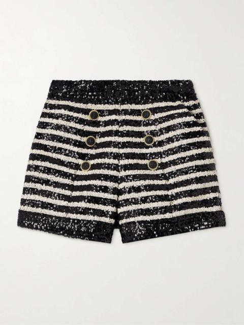 Balmain Button-embellished sequin-embellished striped knitted cady shorts