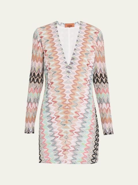 Missoni Plunging Metallic Zigzag Long-Sleeve Mini Dress