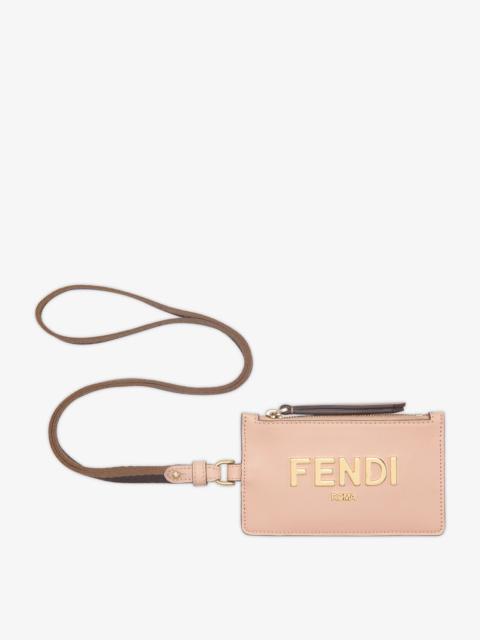 FENDI Fendi Roma card holder with zipper closure and Pequin ribbon strap. Made of pink leather. Gold-finis