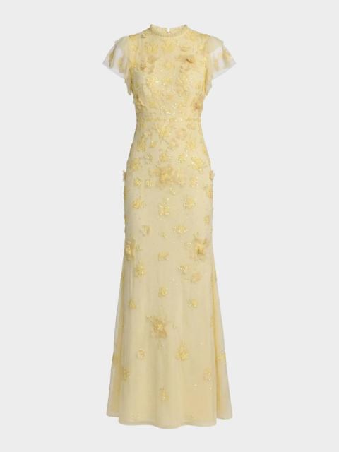 MAC DUGGAL Flutter-Sleeve Beaded Applique Gown