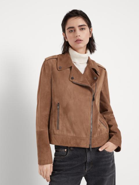 Suede biker jacket with monili