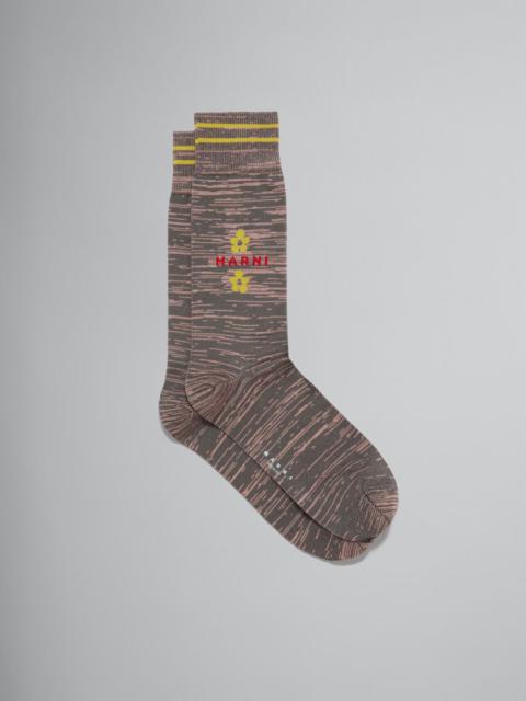 Marni PINK AND BROWN MOULINÉ COTTON SOCKS WITH FLOWERS