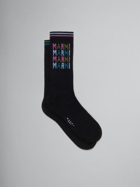 BLACK RIBBED COTTON SOCKS WITH MULTICOLOURED LOGOS