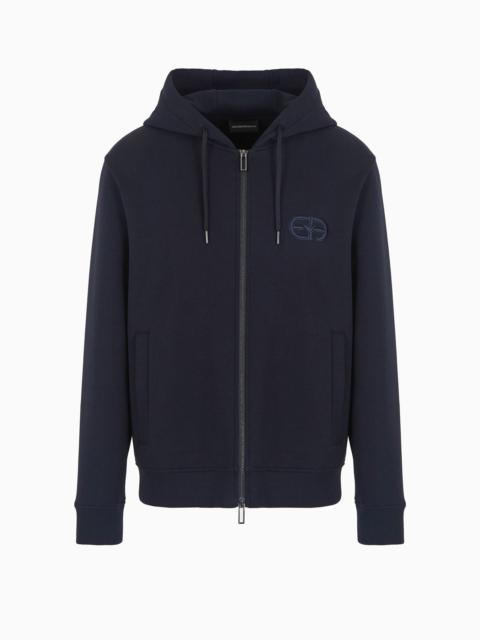 EMPORIO ARMANI Double-jersey zip-up hooded sweatshirt with embossed, embroidered EA logo