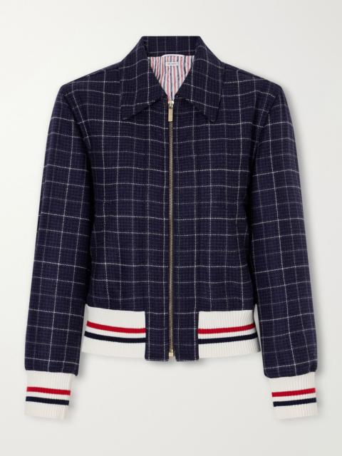 Thom Browne Cropped padded rib-trimmed checked wool-tweed jacket Navy
