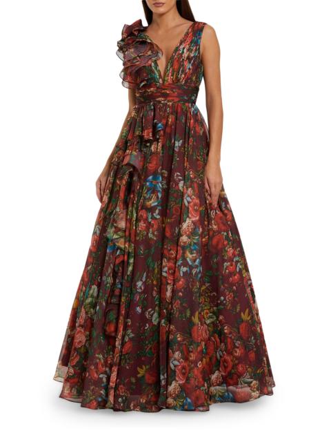 MAC DUGGAL Women's Floral Chiffon Ruffled V-Neck Gown - Wine Multi