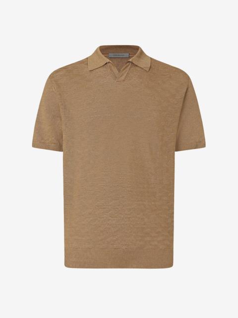 CORNELIANI Dark beige buttonless linen polo shirt